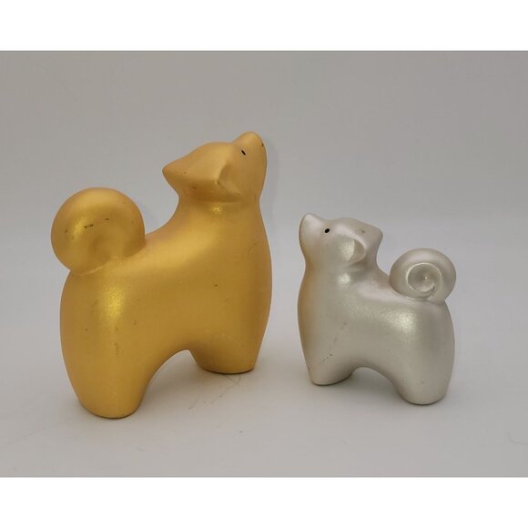 Set Of 2 Japanese Lucky Dog Figurines Gold & Silver - Picture 2 of 9